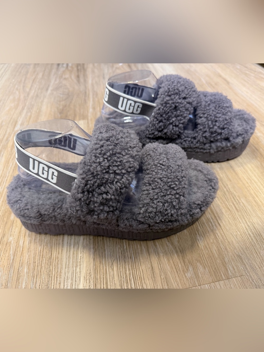 UGG Fluff Yeah Gray Shearling Slingback Slides Women Size 10 NEW